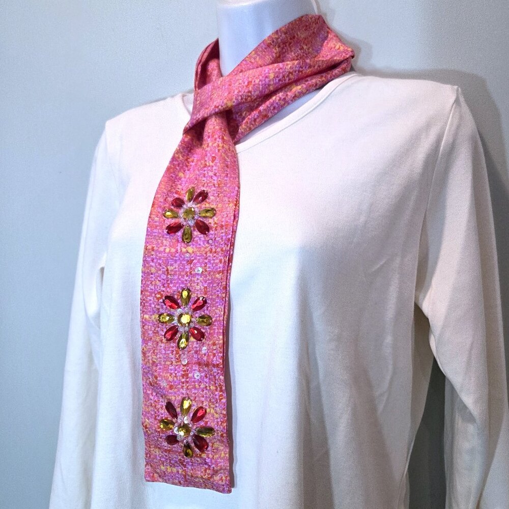 NWOT Pink & Yellow Skinny Scarf with Rhinestones & Sequins